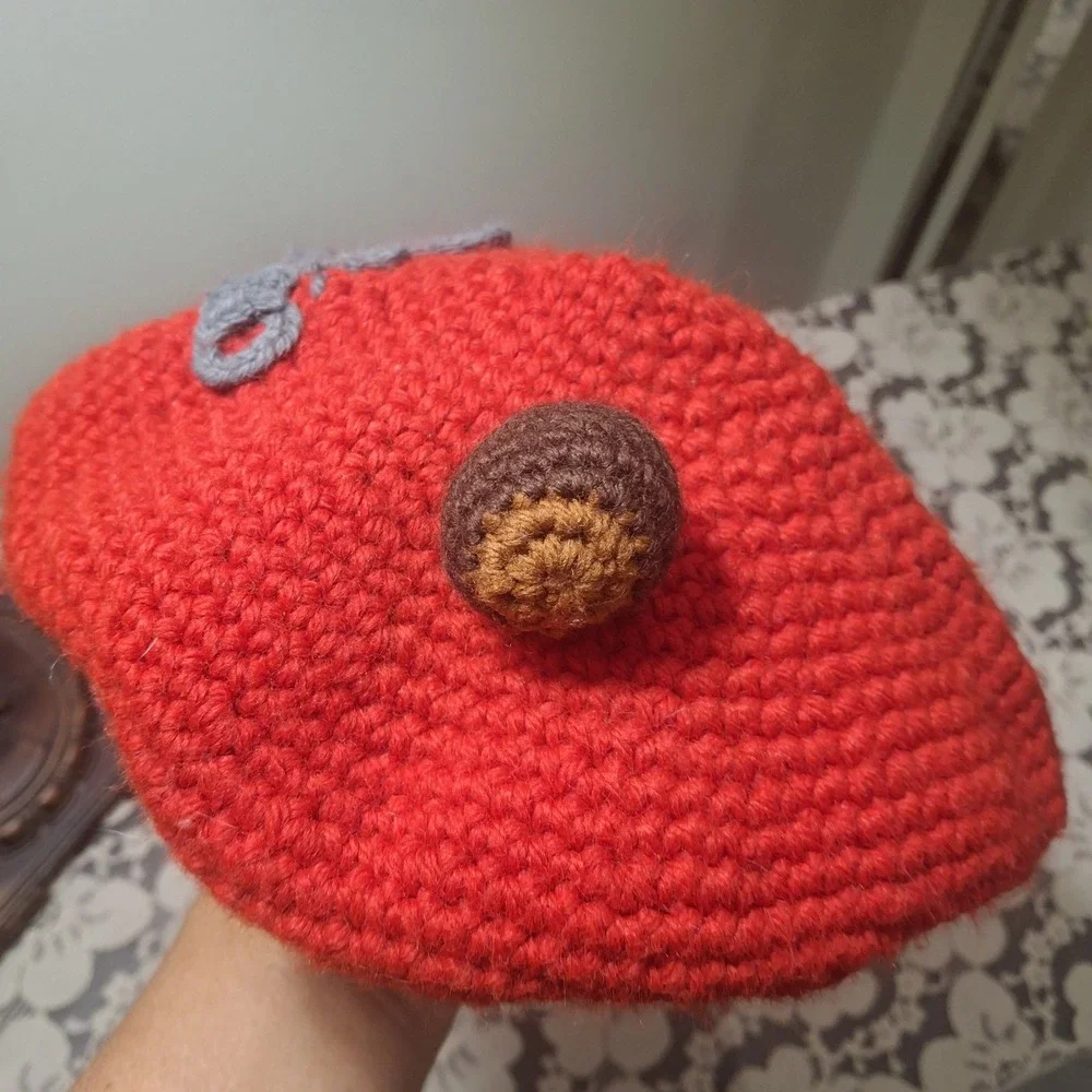 Handmade Red Ohio‎ Crochet Knit Beret Hat Featuring a Brown Acorn